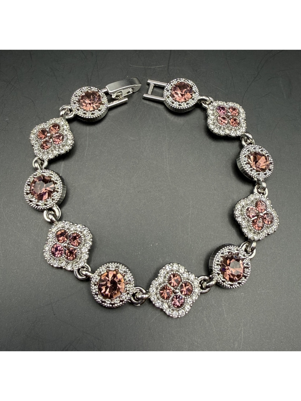 candy+clover brown/pink crystal clover silver tone bracelet